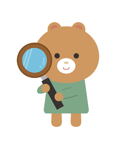 虫眼鏡を持つくまキャラクターのイラスト