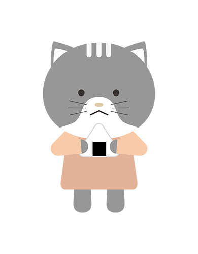 おにぎりを食べるねこキャラクターのイラスト