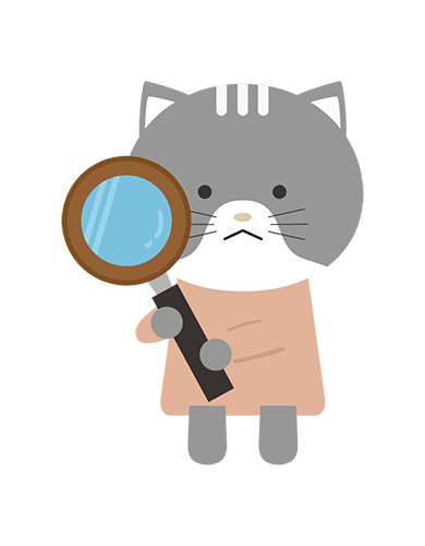 虫眼鏡を持つねこキャラクターのイラスト