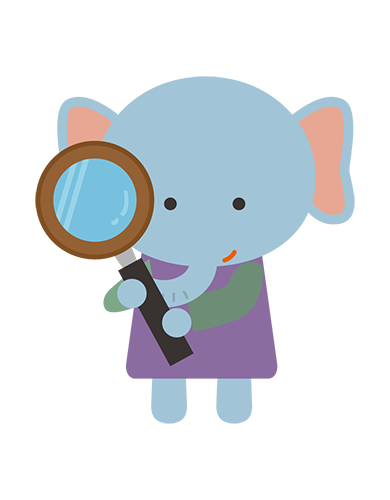 虫眼鏡を持つぞうキャラクターのイラスト