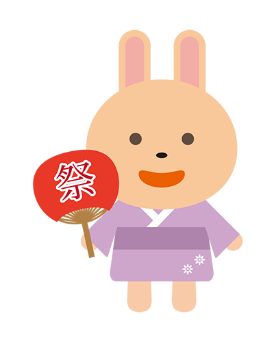 うちわを持った浴衣姿のうさぎキャラクターのイラスト