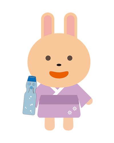 ラムネの瓶をもった浴衣姿のうさぎキャラクターのイラスト