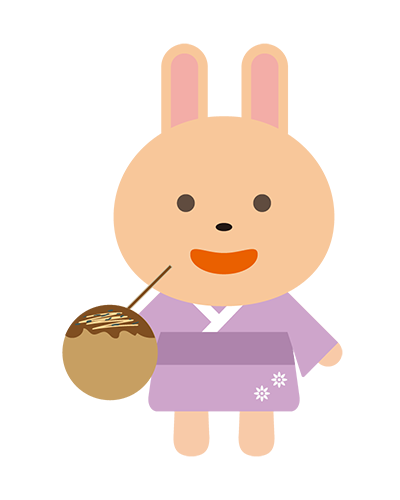 たこ焼きを食べる浴衣姿のうさぎキャラクターのイラスト