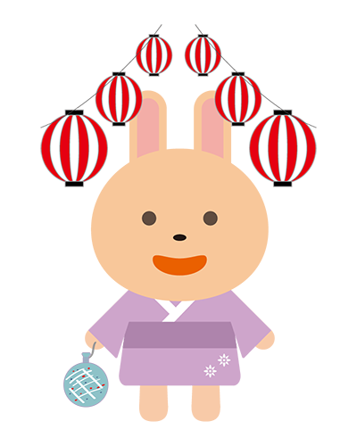 お祭りに行く浴衣姿のうさぎキャラクターのイラスト