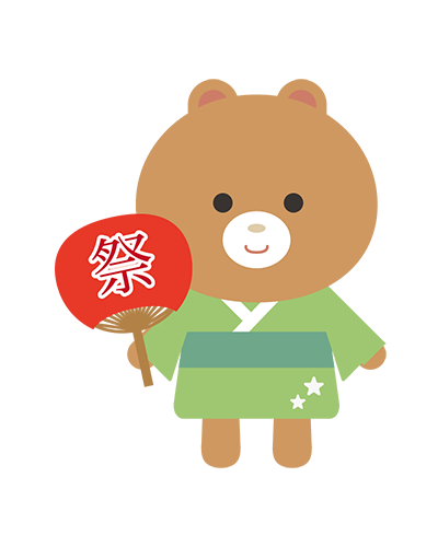 うちわを持った浴衣姿のくまキャラクターのイラスト