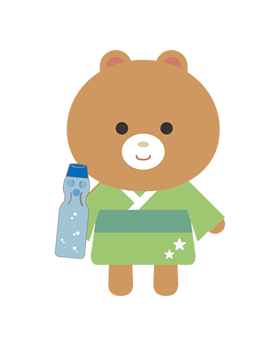 ラムネの瓶をもった浴衣姿のくまキャラクターのイラスト