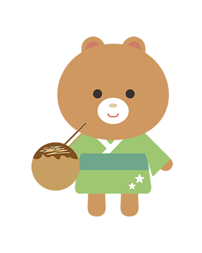 たこ焼きを食べる浴衣姿のくまキャラクターのイラスト