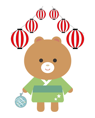 お祭りに行く浴衣姿のくまキャラクターのイラスト