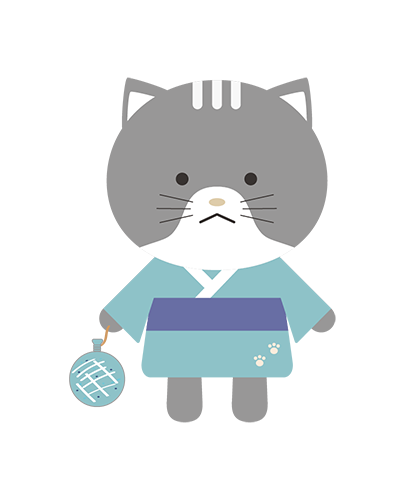 水風船を持った浴衣姿のねこキャラクターのイラスト