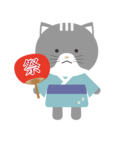 うちわを持った浴衣姿のねこキャラクターのイラスト