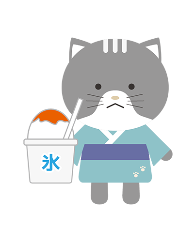 かき氷を持った浴衣姿のねこキャラクターのイラスト