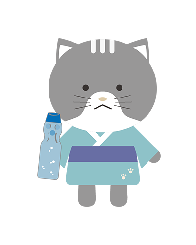 ラムネの瓶をもった浴衣姿のねこキャラクターのイラスト