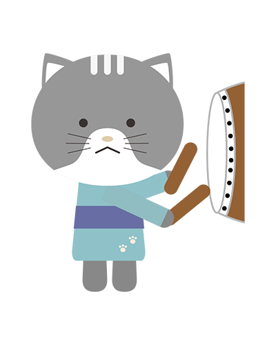 太鼓をたたく浴衣姿のねこキャラクターのイラスト