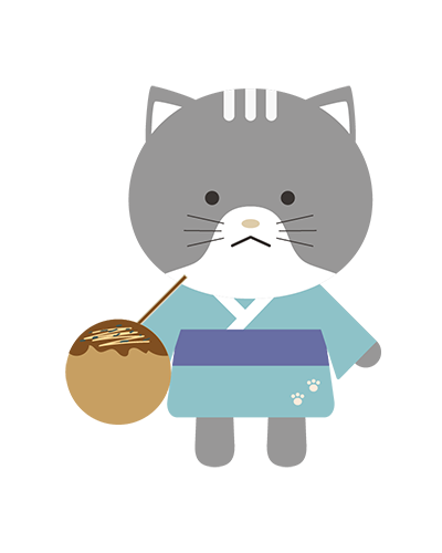 たこ焼きを食べる浴衣姿のねこキャラクターのイラスト