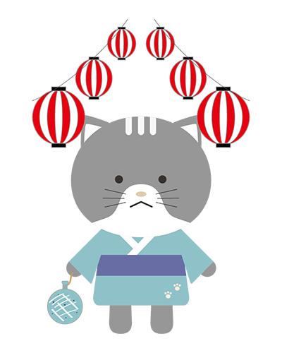 お祭りに行く浴衣姿のねこキャラクターのイラスト