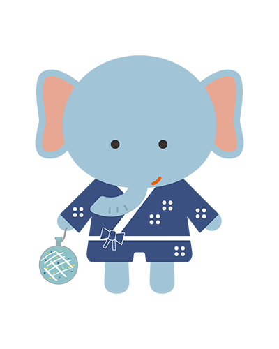 水風船を持った浴衣姿のぞうキャラクターのイラスト