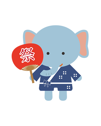 うちわを持った浴衣姿のぞうキャラクターのイラスト