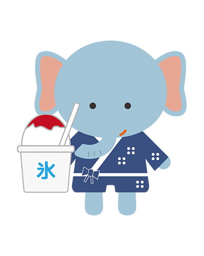 かき氷を持った浴衣姿のぞうキャラクターのイラスト
