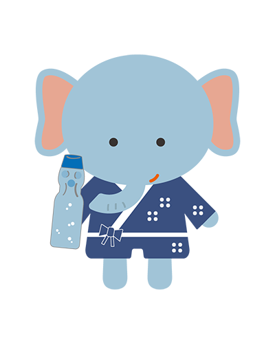 ラムネの瓶をもった浴衣姿のぞうキャラクターのイラスト