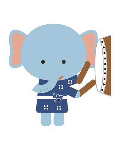 太鼓をたたく浴衣姿のぞうキャラクターのイラスト