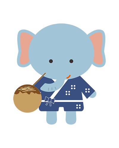 たこ焼きを食べる浴衣姿のぞうキャラクターのイラスト