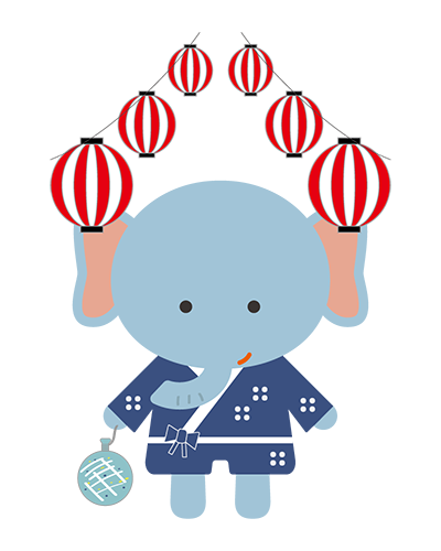 お祭りに行く浴衣姿のぞうキャラクターのイラスト