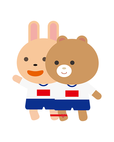 二人三脚をしている体操服姿のうさぎ・くまキャラクターのイラスト