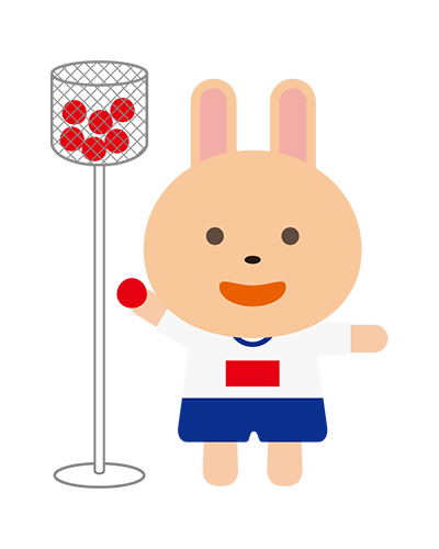 玉入れ競争をしている体操服姿のうさぎキャラクターのイラスト