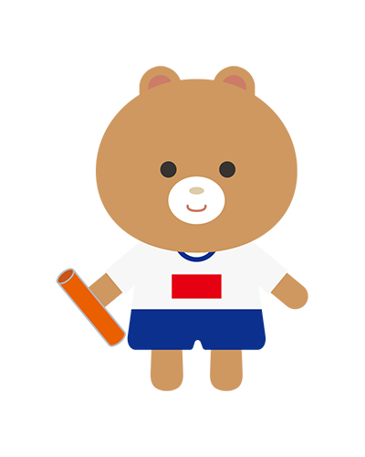 リレーのバトンを持つ体操服姿のくまキャラクターのイラスト