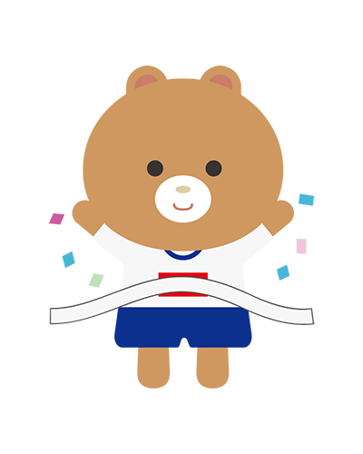 徒競走でゴールした体操服姿のくまキャラクターのイラスト