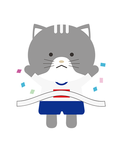 徒競走でゴールした体操服姿のねこキャラクターのイラスト