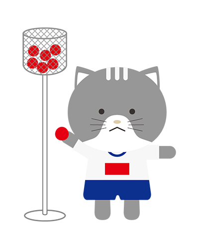 玉入れ競争をしている体操服姿のねこキャラクターのイラスト
