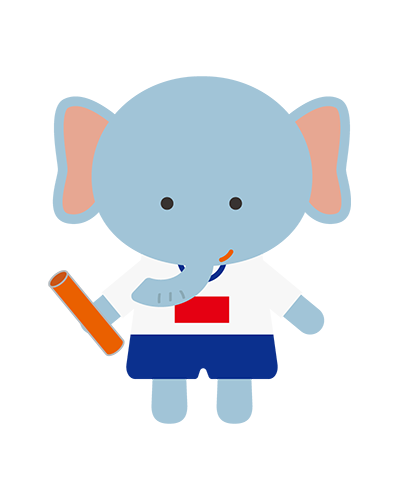 リレーのバトンを持つ体操服姿のぞうキャラクターのイラスト