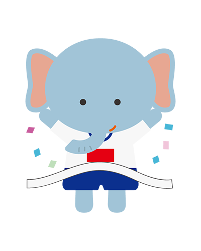 徒競走でゴールした体操服姿のぞうキャラクターのイラスト