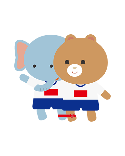 二人三脚をしている体操服姿のぞう・くまキャラクターのイラスト