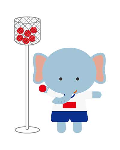 玉入れ競争をしている体操服姿のぞうキャラクターのイラスト