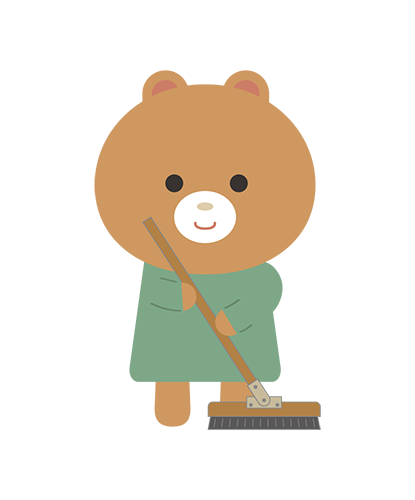 ほうきで掃除をしているくまキャラクターのイラスト