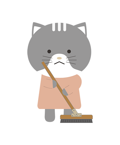 ほうきで掃除をしているねこキャラクターのイラスト