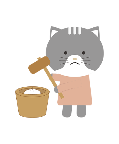 餅つきをしているねこキャラクターのイラスト