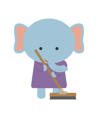 ほうきで掃除をしているぞうキャラクターのイラスト