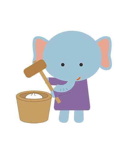 餅つきをしているぞうキャラクターのイラスト