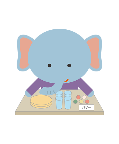 バザーをしているぞうキャラクターのイラスト